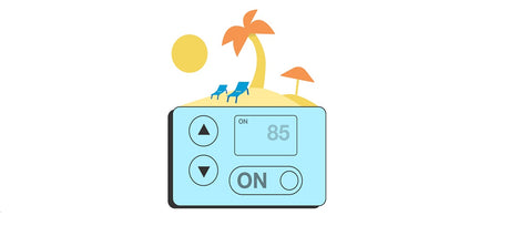 Thermostat set to 85 degrees F with tropical imagery above it